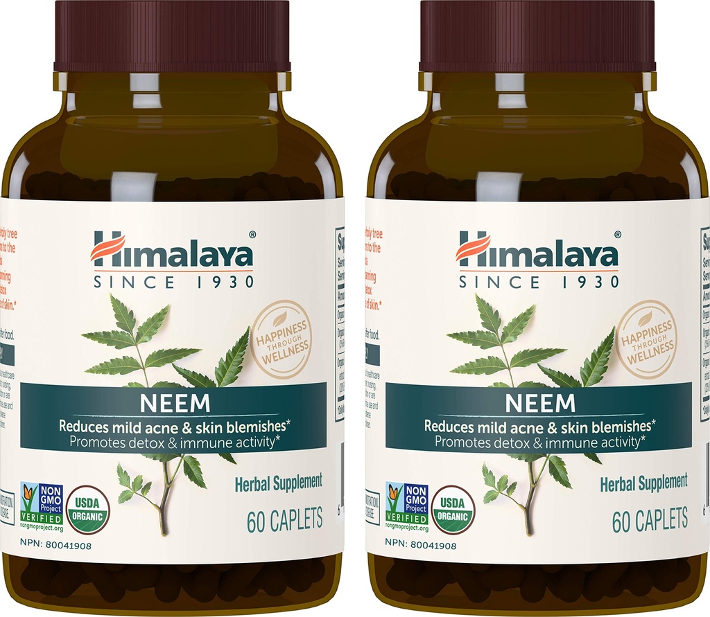 히말라야 유기 Neem 초본 보충교재, 온화한 여드름 & 명확한 피부를 위한, 순화, Ayurvedic, USDA는 유기, 비 GMO, 채식주의자, 600 mg의 60 식물에 근거한 모자를 씌우는, 2 팩을 증명했습니다