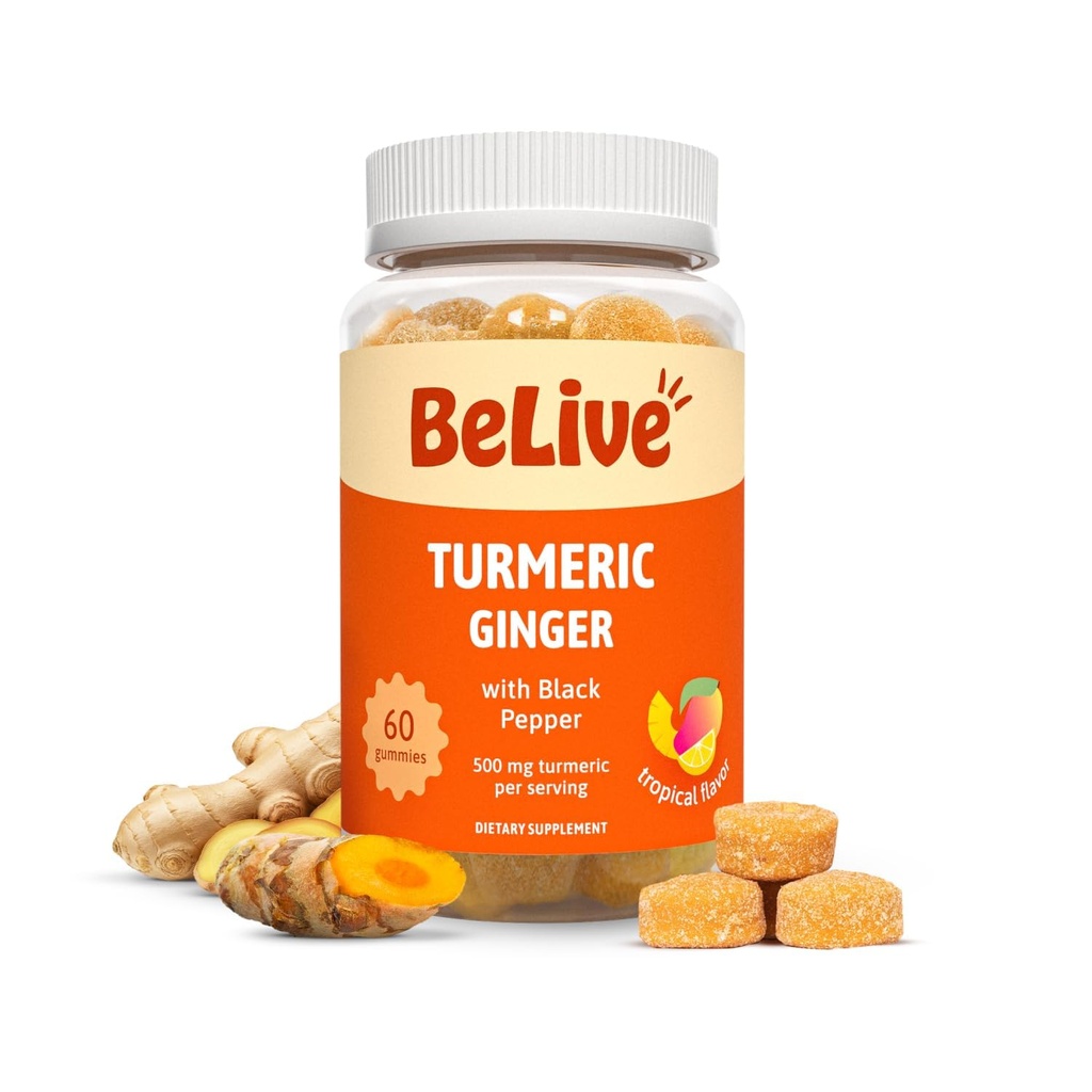 Black Pepper & Ginger를 사용한 BeLive Turmeric Curcumin - Immune Support, Healthy Skin 및 Mobility를위한 Turmeric 및 Ginger Supplement의 500 mg - 열대 맛 | 60 개