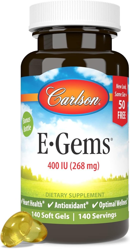 Carlson - E-Gems 400 IU (268 mg), 천연 소스 비타민 E, Optimal Wellness, 140 소프트 젤