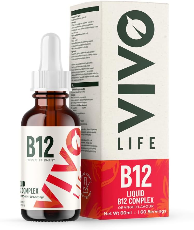 Vivo Life - 비타민 B12 복합 단지, 높은 효능 건강 보충, 오렌지 맛 액체 드롭, 60ml, 60 서빙