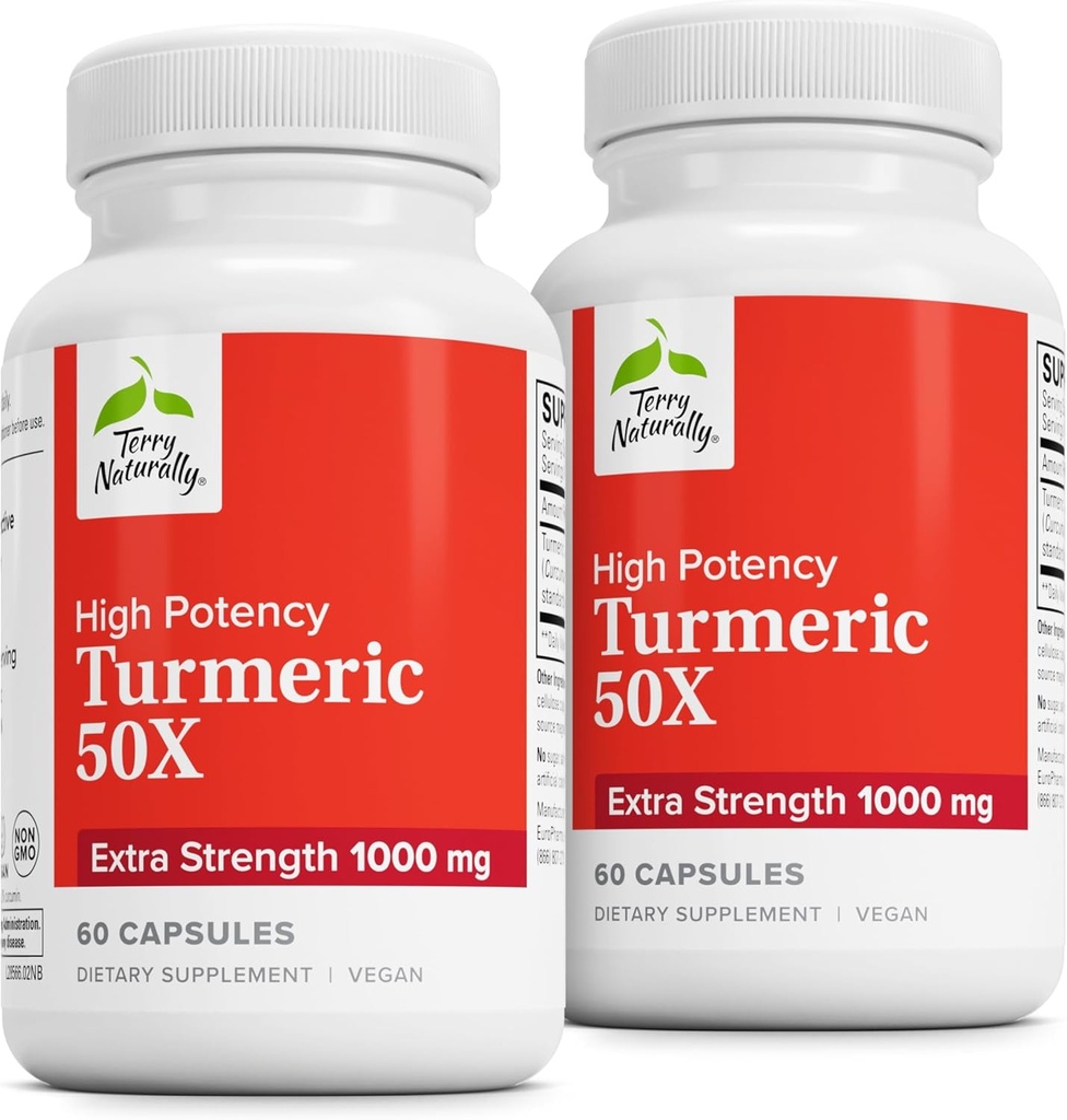 Terry Naturally Turmeric 50X - 뇌 및 심장 건강 지원을위한 규정식 보충 - Aid Immune Health - Non-GMO 보충 - 60 캡슐, 2 팩