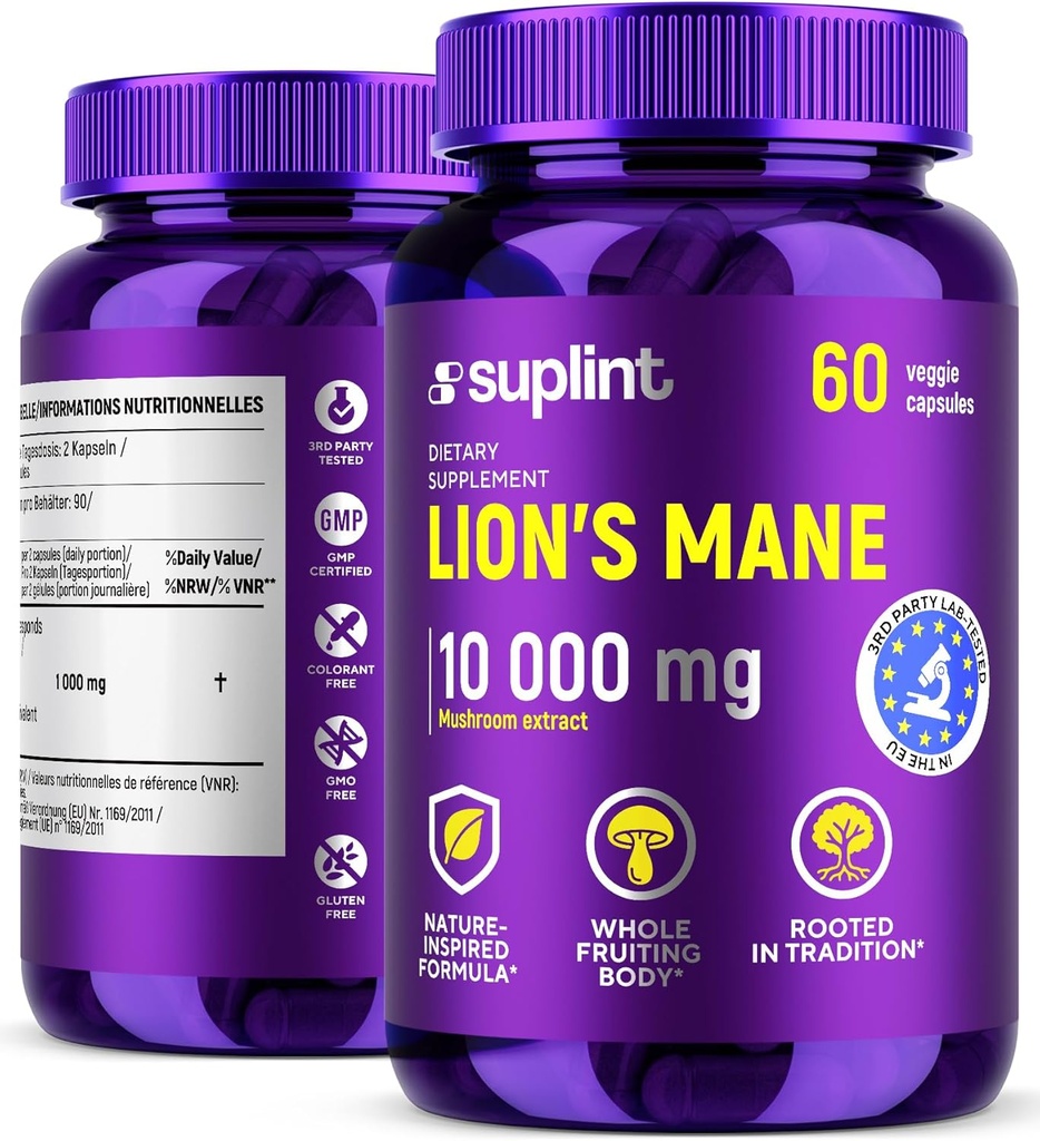 Lion’s Mane Mushroom Supplement 10,000 mg | Memory, Focus & Clarity용 보조제 | 여성 및 남성용 일일 면역 시스템 지원 컴플렉스 | Non-GMO, Gluten-Free, Vegan | 60 캡슐