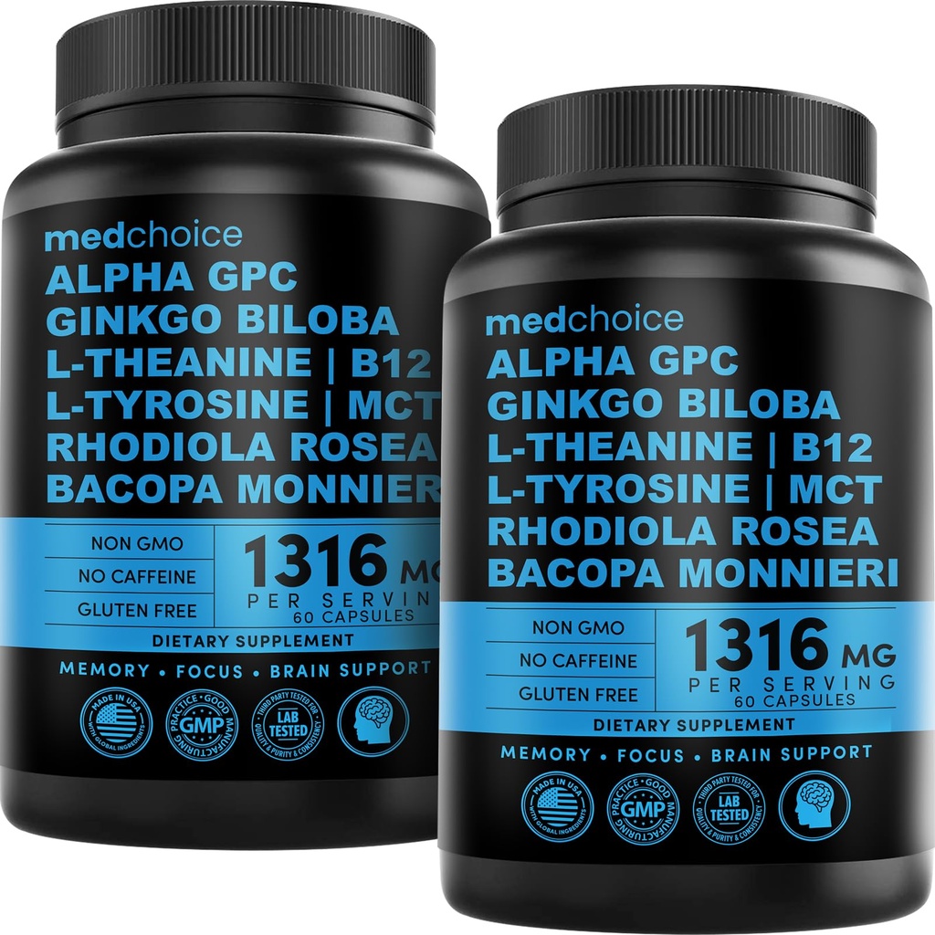 12-in-1 Nootropic 뇌 보충교재 무수성: 뇌 지원, 기억 및 초점을 위한 Ginkgo Biloba - B12, 알파 GPC, L Theanine 및 콜린은 Bioperine 비 Caffeinated 1321mg (120ct)를 가진 보충물
