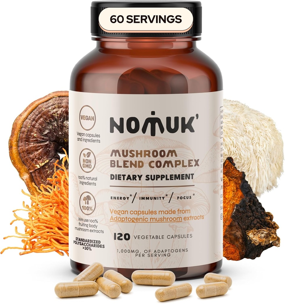Adaptogenic 버섯 추출물 혼합 사자 Mane, Reishi, Cordyceps, Chaga 보충교재, 120의 캡슐.