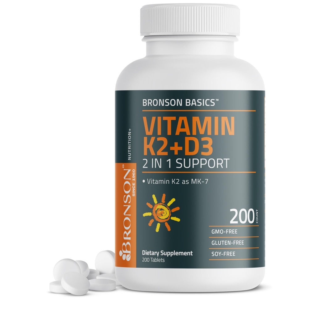 Bronson 비타민 K2 D3 (MK7) 보충교재 비 GMO 공식 비타민 D3 5000IU (125 mcg) & 90 mcg K2 MK-7, 삼키기 D & K Complex, 200 정제에 쉬운