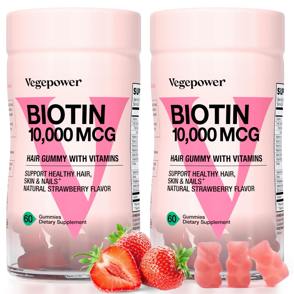 Biotin Gummies 10000mcg 보충제 - 비타민 C, A, D, B-Complex, Folate, 여성 및 소녀를위한 아연 - Vegan Biotin Hair Growth Gummy for Healthy Hair and Nails, Non-GMO, Strawberry, 120 Bear