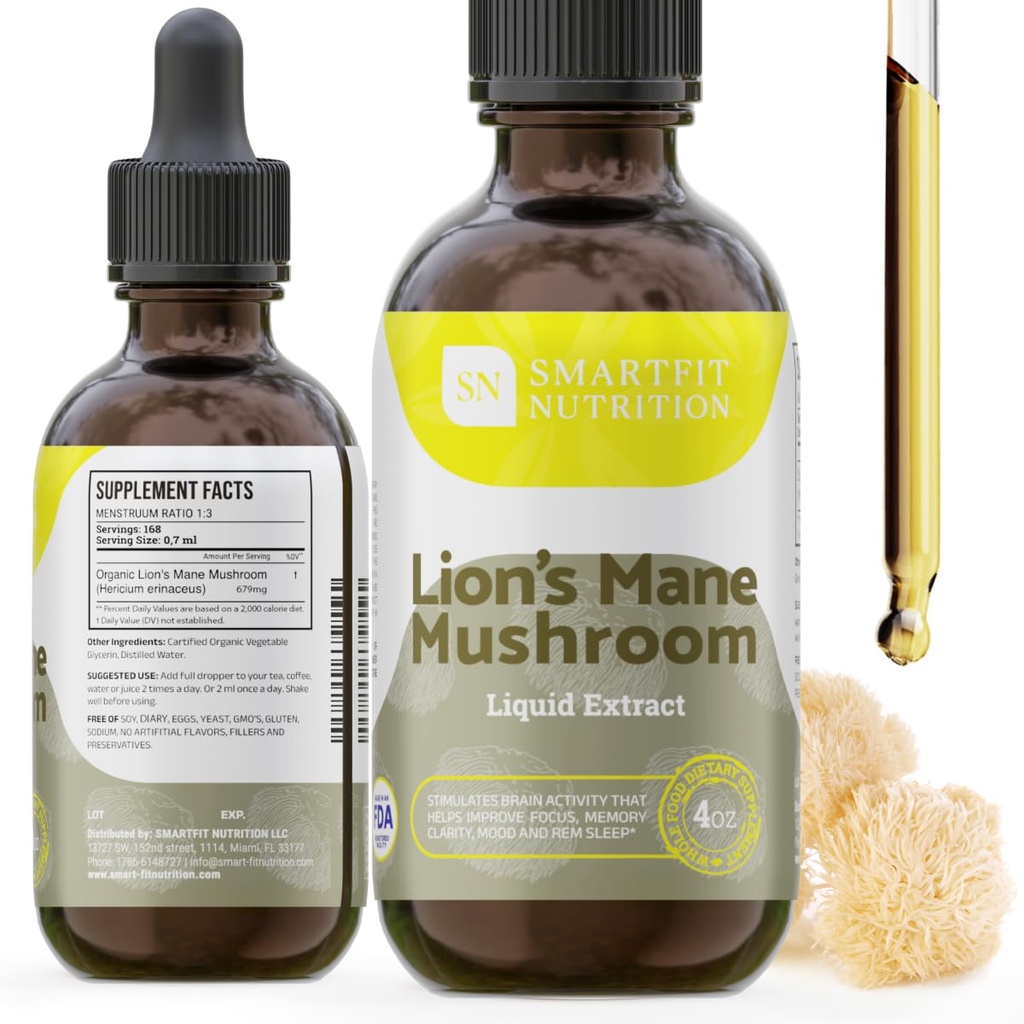 Lions Mane Extract - Lions Mane Tincture - Made in USA - 메모리, 초점 및 Clarity를위한 버섯 보충 - 매일 버섯 보충 - 4 Fl oz.