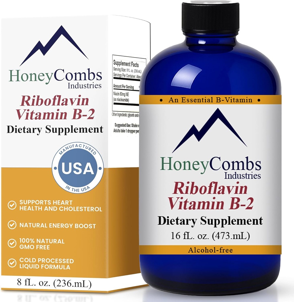HoneyCombs 비타민 B2 Riboflavin 보충교재 액체 하락 - 남자 & 여자를 위한 높은 효능 비타민 B2 - 건강한 소화, 신경계, 머리, 피부, 못을 유지하십시오 - Vegan 액체 비타민 (16개 oz)