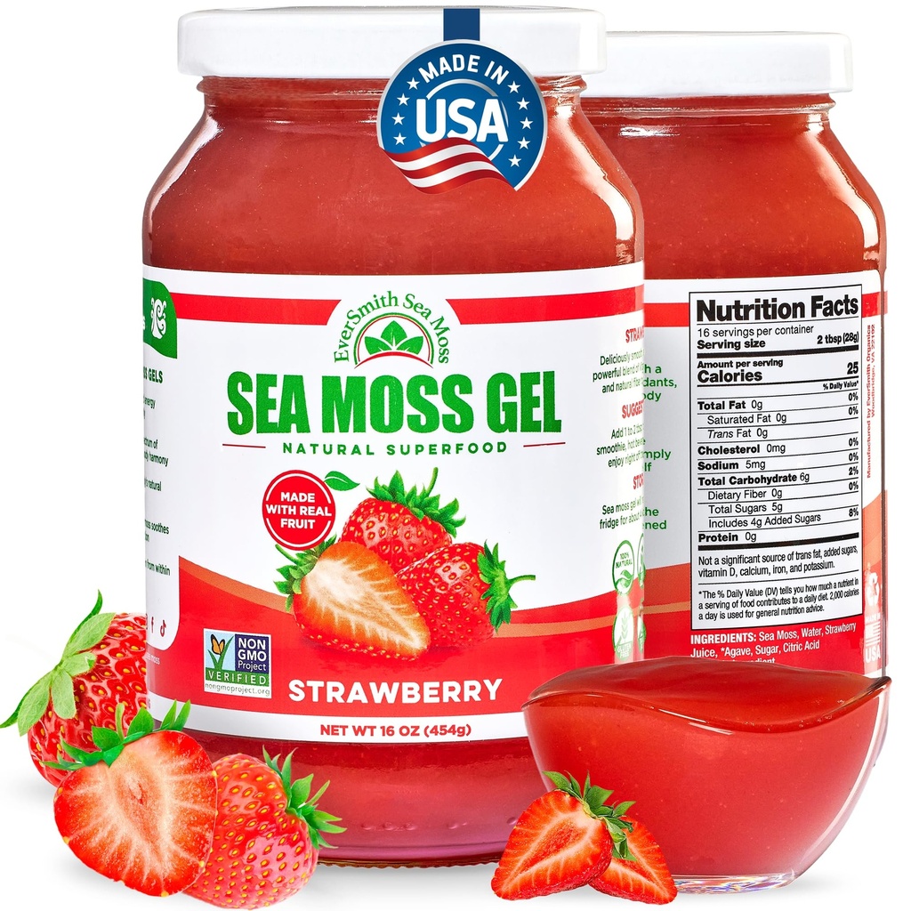 Wildcrafted Irish Sea Moss Gel | 미국에서 제작 | 비타민과 미네랄이 풍부한 | 바다 Moss Gel Raw | 영양 보충 | 딸기 (16 oz)