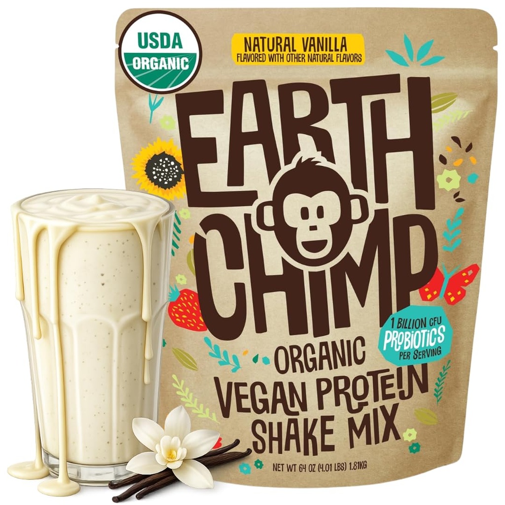 EarthChimp Organic Vegan Protein Powder - Probiotics - Non GMO, Dairy Free, Non Whey, 여성 및 남성을위한 식물 기반 단백질 분말, 글루텐 무료 - 52 서빙 64 Oz (Vanilla)