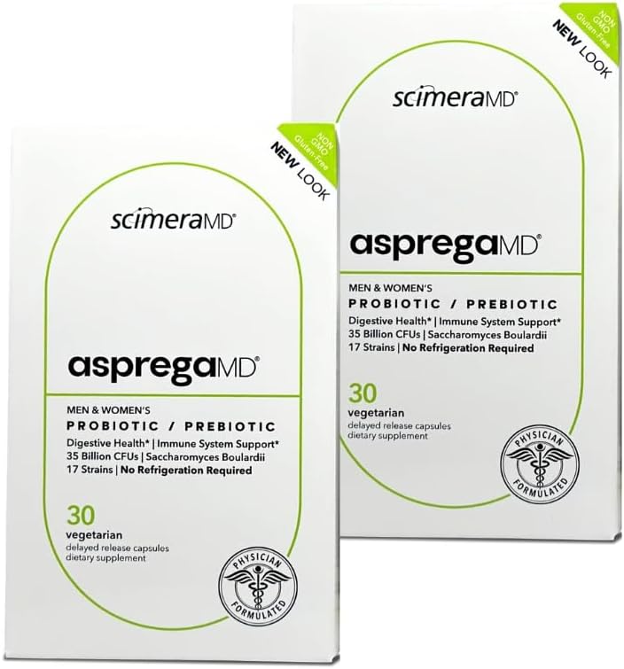 Asprega 30CT - Probiotic + Prebiotic Supplement | 17 Strains, 35 Billion CFU | 지연 릴리즈 | Saccharomyces Boulardii | 남성용| ScimeraMD, 2-Pack