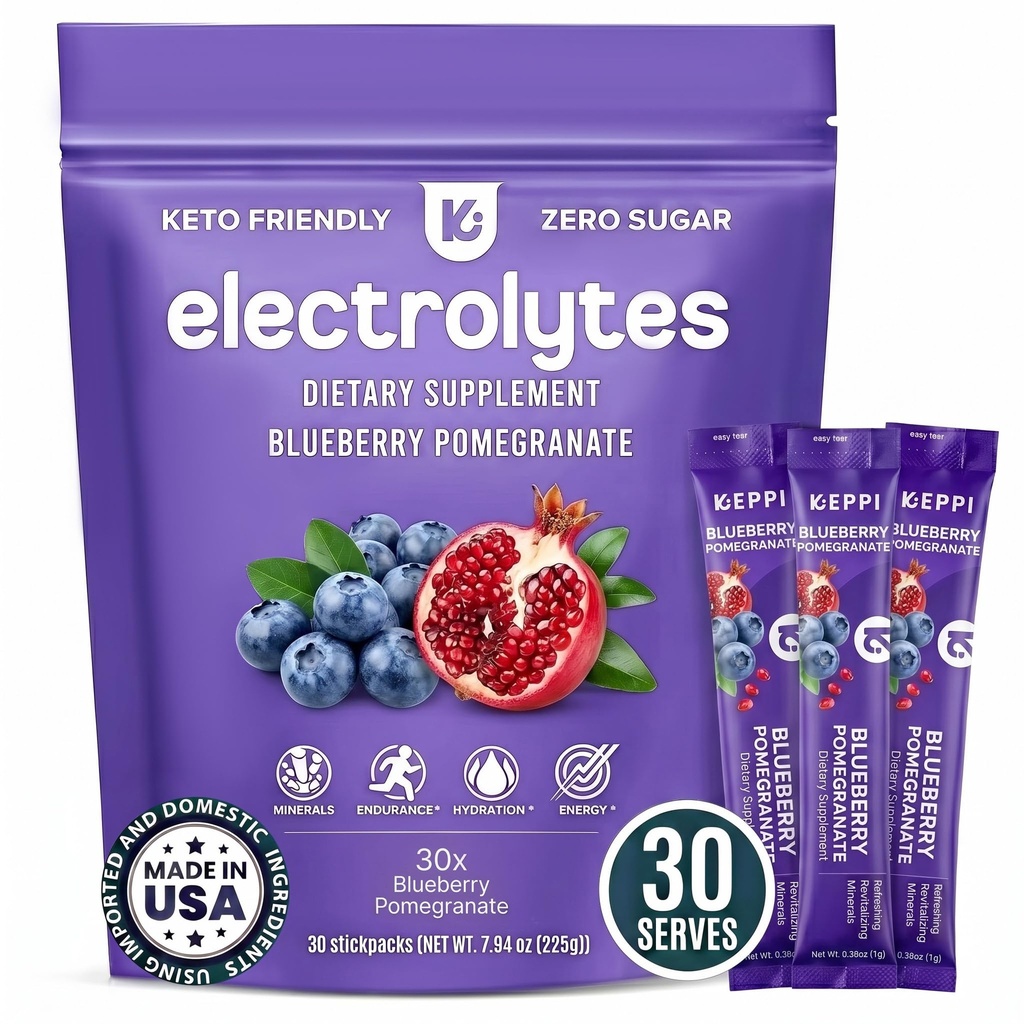 Keppi Electrolytes Powder Packets - 블루 베리 석류 30 서빙 - 칼륨, 마그네슘, 나트륨 - Keto, Vegan, Fasting-Friendly, Zero Calorie Hydration Packets와 설탕 히스 보충 없음