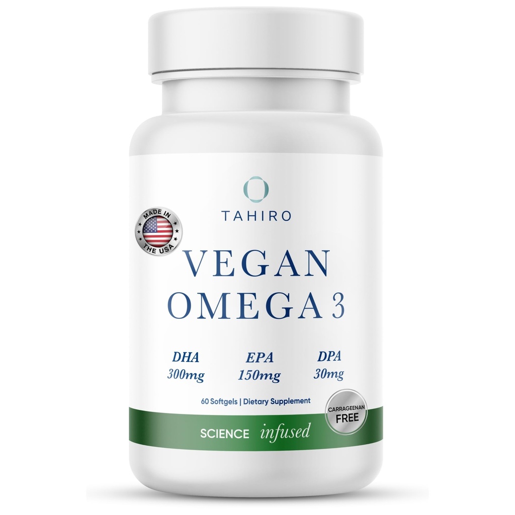 TAHIRO Vegan Omega-3 Softgels - DPA, DHA 및 EPA를 가진 식물 기초 보충교재 - 남자, 여자 및 임신한 여자를 위한 영양소 - 지원 뇌 건강 - Prenatal & 합동 보충교재, 1000mg