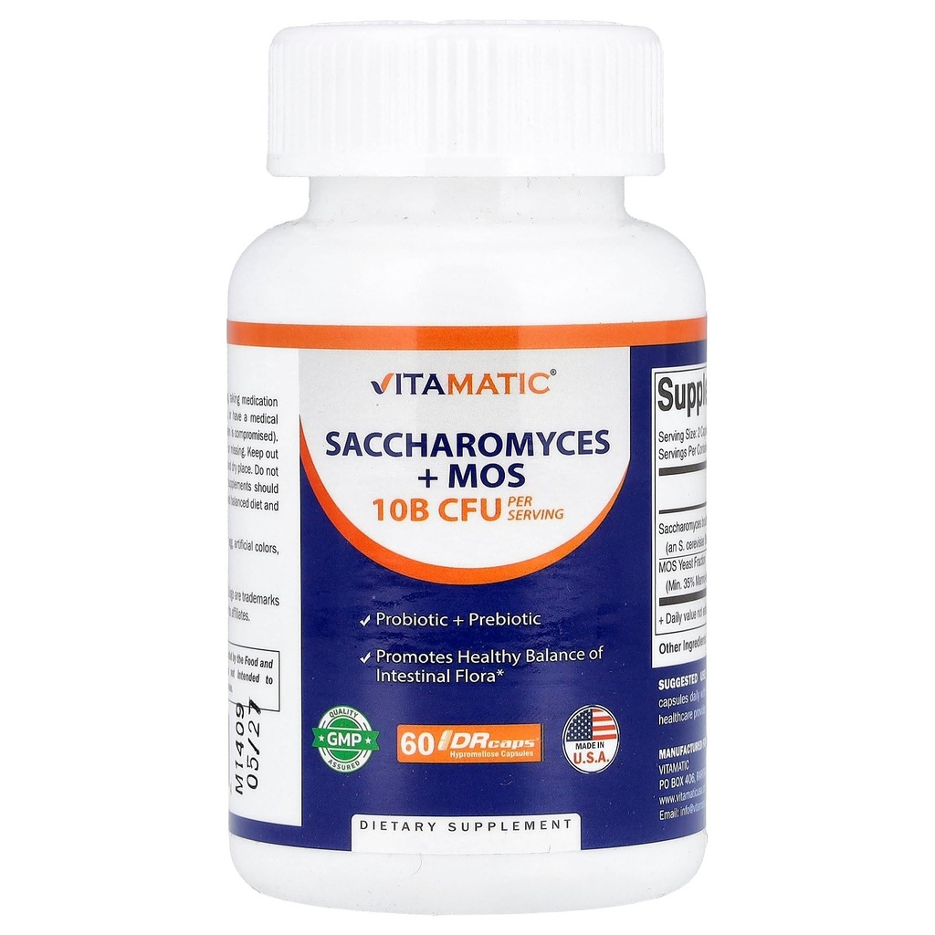 Vitamatic Saccharomyces Boulardii Probiotic 10B 서빙 + 효모 추출물 (MOS 효모 분수) 300 mg - 60 DR 캡슐 - 미국에서 만든