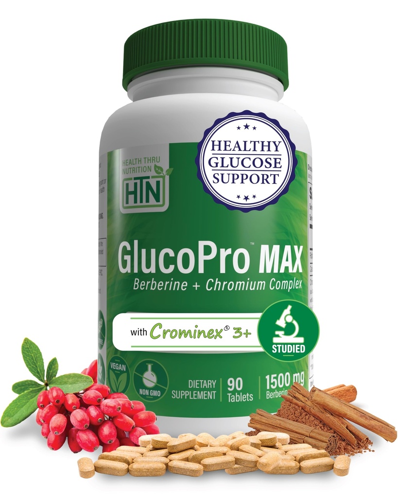 Health Thru Nutrition GlucoPro Max - 1,500mg Berberine, Chrominex + Chromium 및 1,000mg Cinnamon | Vegan, Non-GMO, 글루텐 무료 | 90 팩