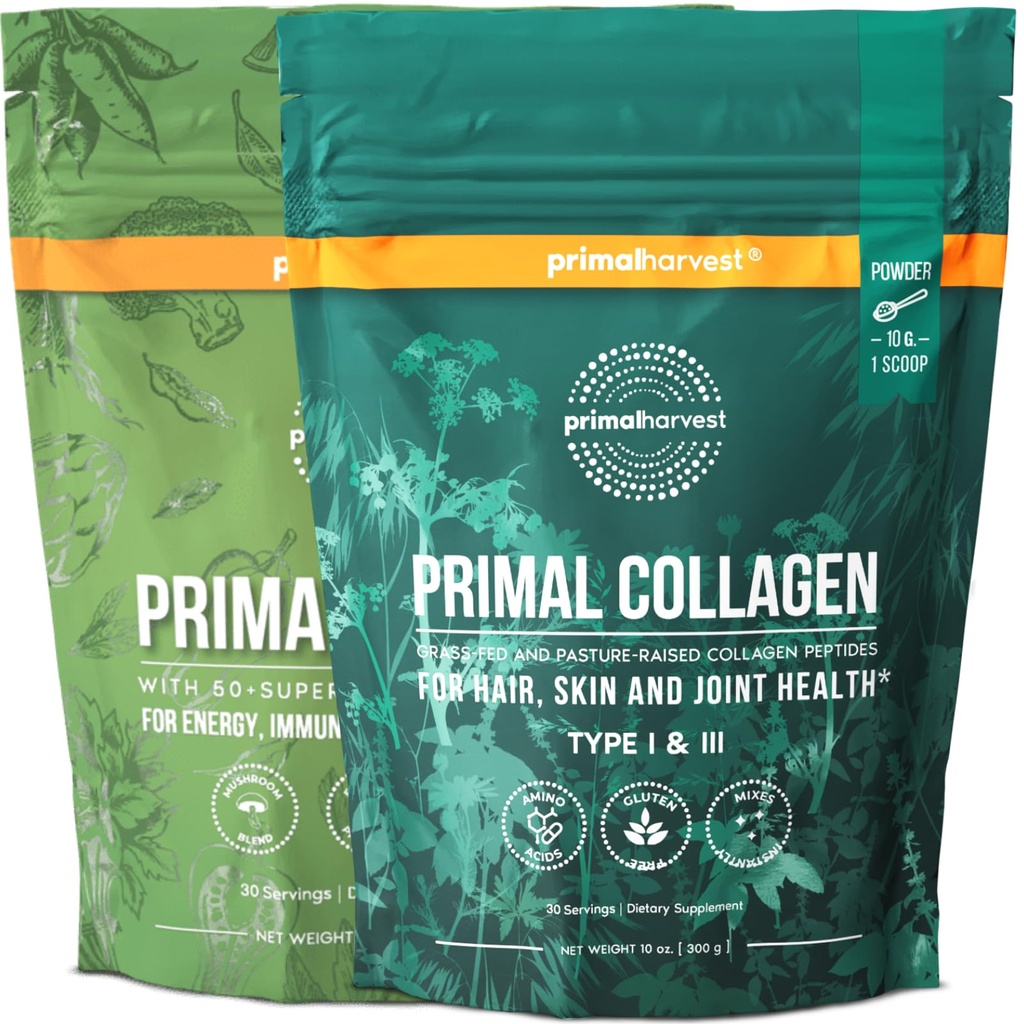Primal Harvest Super Greens & Collagen Powder Women 및 Men Superfood Greens Powder 및 Collagen Peptides Powder for Hair, 스킨, 손톱 번들