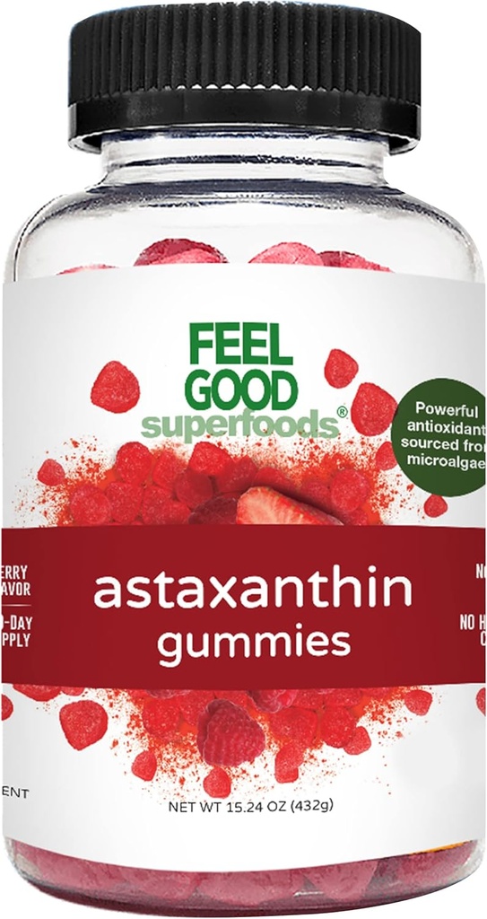 FeelGood Superfoods Astaxanthin 보충교재, 피부와 눈 건강을 위한 6mg 산화 방지제 Gummies, 베리 풍미, Vegan, 비 GMO, 60 조사