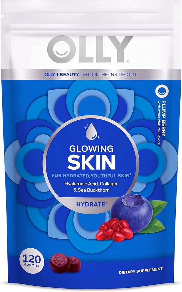 OLLY Glowing 피부 교원질 거미, Hydrated, 유성 피부, Hyaluronic 산, 바다 Buckthorn, Chewable 보충교재, 베리, 60 일 공급 - 120의 조사 주머니 (6의 포장)