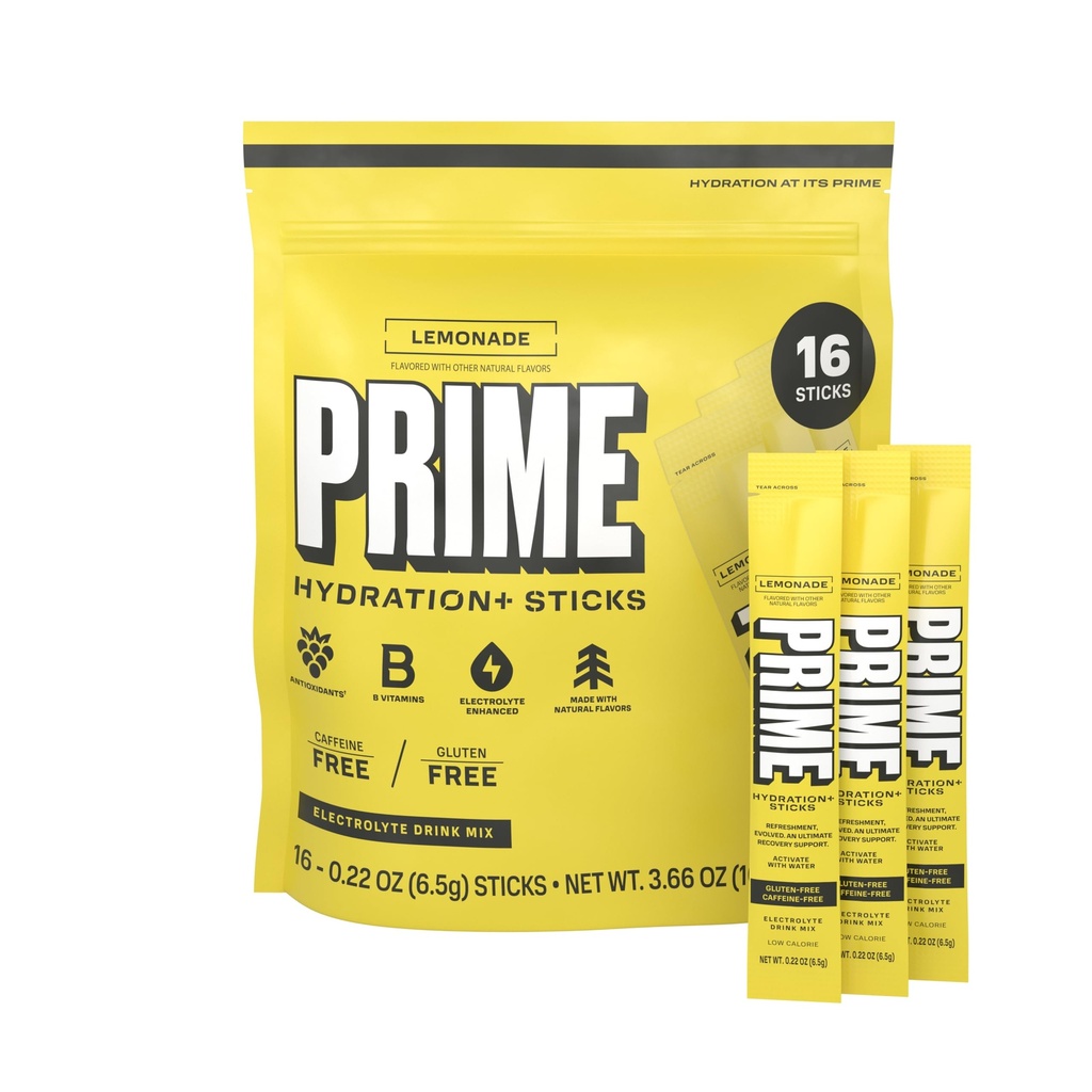 PRIME HYDRATION+ Sticks Lemonade | 하이드로션 파우더 싱글 세브 스틱 | 고텐트 파우더 | 저수지 | 카페인 무료 | Vegan | 16개 스틱