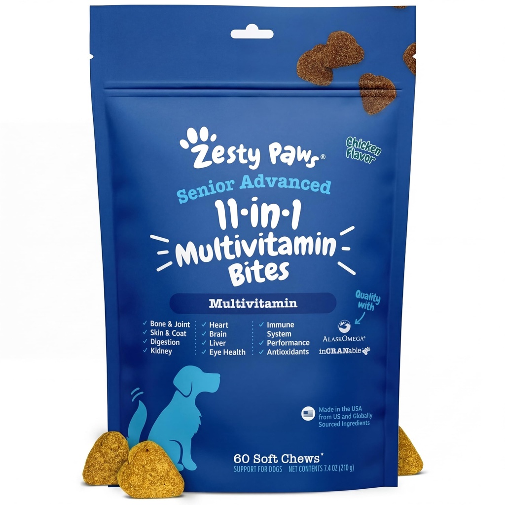 Zesty Paws Senior Dog Multivitamin Treats - 개를위한 글루코사민 + 소화 효소 및 프로바이오틱스 - 곡물 무료 개 비타민 및 스킨 & 코트에 대한 보충 + 면역 건강 닭 - 고급 - 60ct