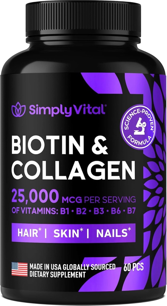 Keratin 25000 mcg와 Biotin 및 교원질 보충 교재 - 교원질 Keratin B Complex를 가진 머리 피부 & 못 비타민 - 미국에서 만드는 - 머리 성장 여자 & 남자 지원 피부를 위한 Biotin & 못, 60의 캡슐