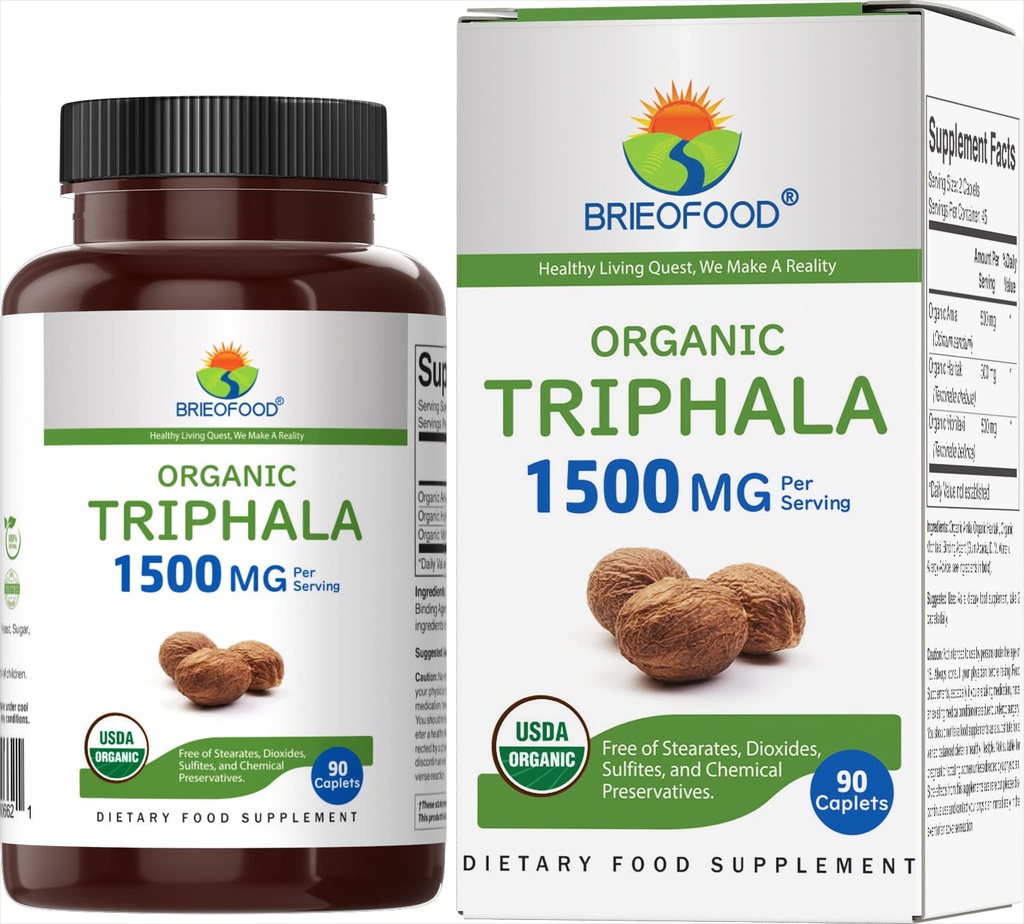 Brieofood 유기 Triphala 1500mg, 45 서빙, 채식, 글루텐 무료, 90 채식 정제