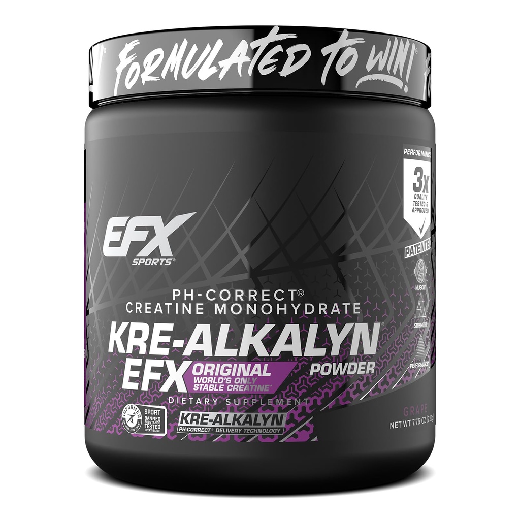 EFX 스포츠 Kre-Alkalyn EFX 파우더 | PH Correct Creatine Monohydrate Powder Supplement | 힘, 근육 성장 및 성능 | 110 서빙 (Grape)