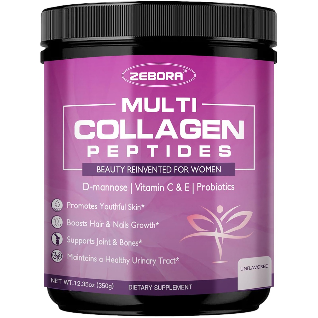 ZEBORA Multi Collagen Peptides Powder for Women – D-Mannose & Women's Probiotics와 Hydrolyzed Collagen Peptides – 스킨, 헤어, 손톱, 그리고 유린 트랙 건강, 불쾌한, 35 서빙