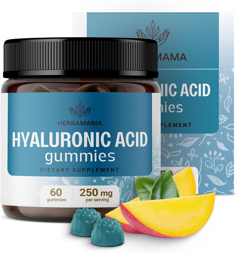 HERBAMA Hyaluronic 산 Gummies - 250mg 머리, 피부 & 못 지원을 위한 순수한 Hyaluronic 산 - 채식주의자, 비 GMO 피부 탄력성 보충교재 - 60 Pectin 근거한 망고 잎 모양 Chews