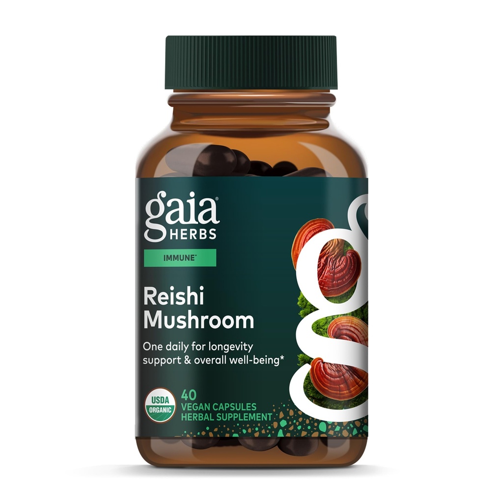 가이아 허브 Reishi 버섯 - 건강한 면역 체계 & 지원 심장 건강 - Longevity 지원을위한 Adaptogen 초본 보충 - 40 Vegan Liquid Phyto-Capsules (40 일 공급)
