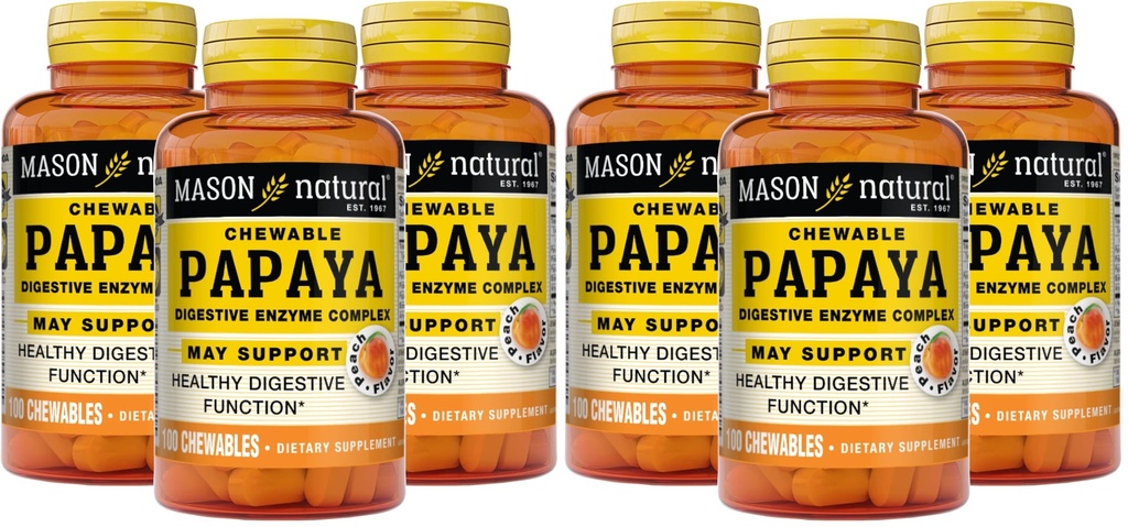 MASON NATURAL Papaya Digestive Enzyme Complex - 건강한 소화 기능, Nutrient Absorption, Peach 풍미, 100 Chewables (6의 포장)를 승진시킵니다