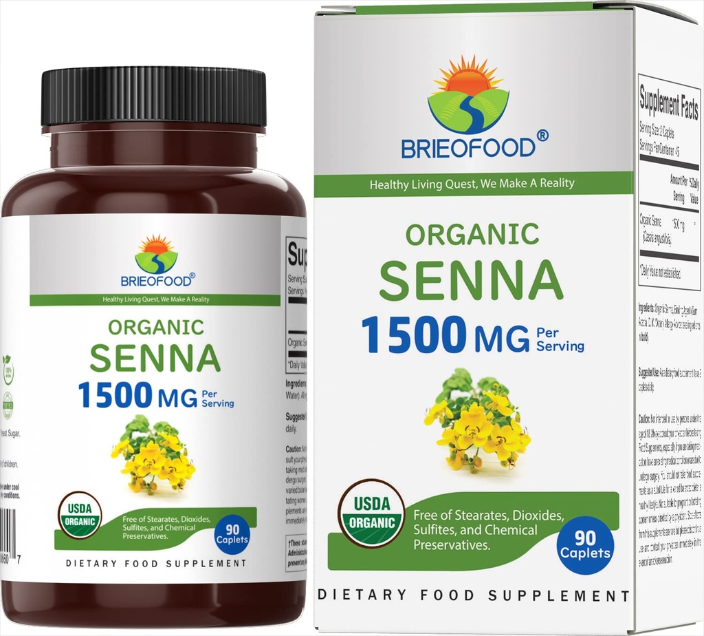 Brieofood 유기 세나 1500mg, 45 서빙, 채식, 글루텐 무료, 90 채식 정제
