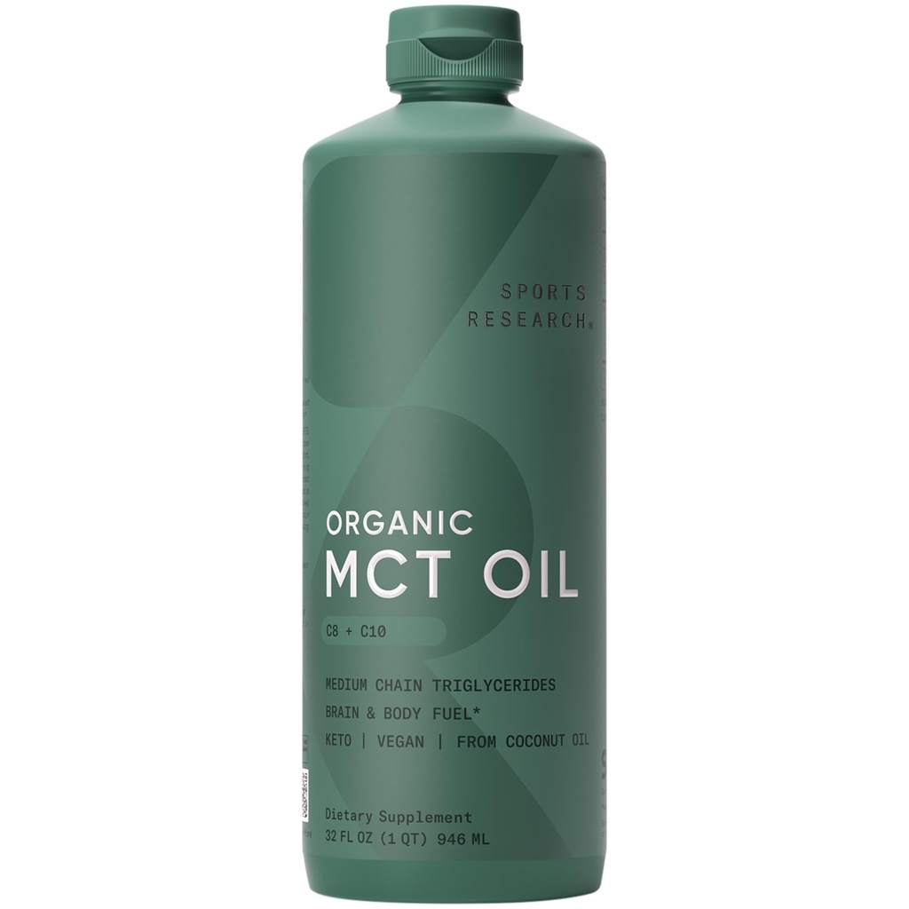 스포츠 연구 유기 MCT 오일 - Keto & Vegan MCTs C8, C10 코코넛 - 지방산 뇌 및 바디 연료, 비 GMO & 글루텐 무료 - 맛없는 오일, 커피, 차 및 단백질 쉐이크 - 32 온스