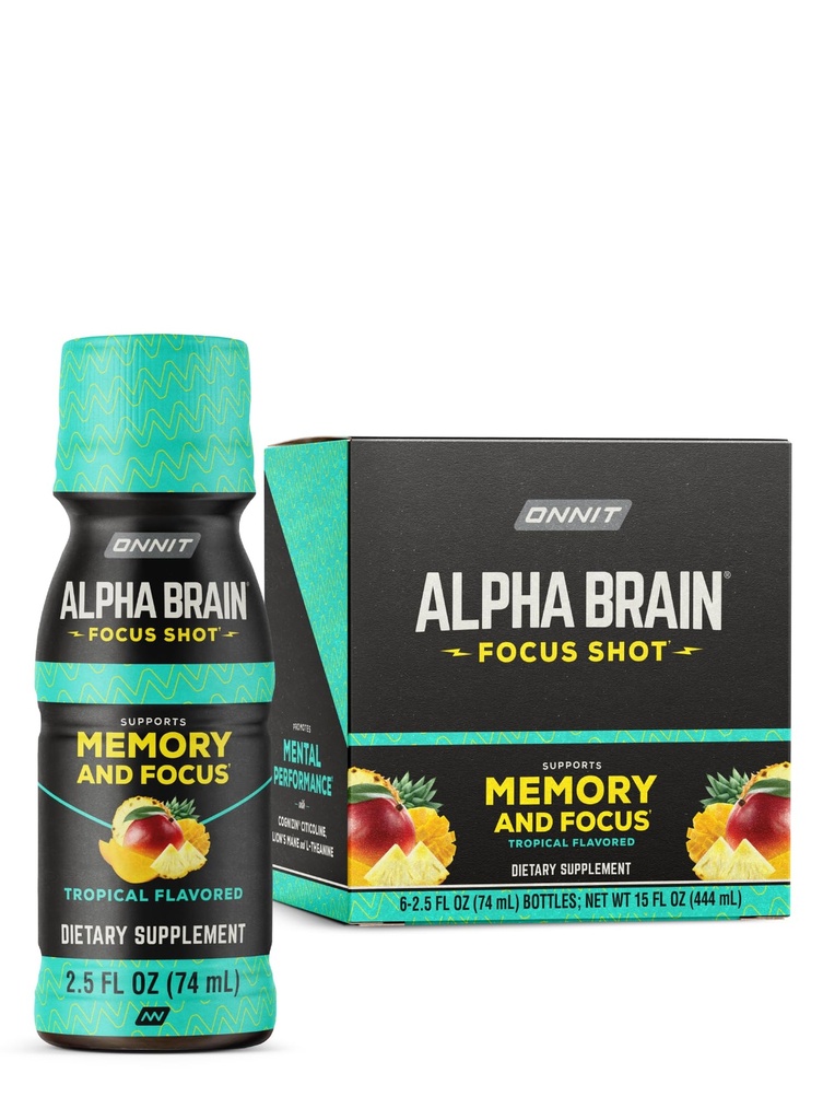 ONNIT 알파 뇌 초점 샷, 열대 맛, Nootropic 다이어트 보충 음료 에너지, 초점 및 무드, IGENTM 비 GMO 테스트, 2.5 fl oz, 6 카운트 지원