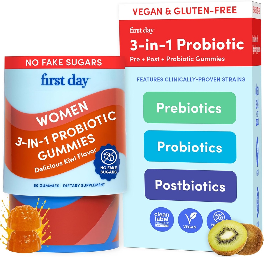 FIRST DAY Womens 3-in-1 Probiotic Gummies - Prebiotic + Probiotic + Postbiotic Supplement - 소화 및 구강 건강, 면역 기능 및 에너지 레벨 지원 - 30 일 공급