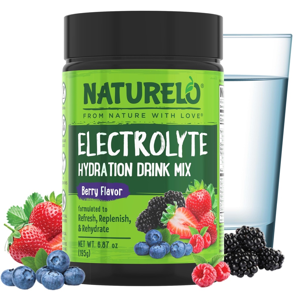 NATURELO Electrolyte 분말, 하이드로션 및 미네랄 음료 혼합, 설탕 무료 & 비 GMO 베리 맛 50 서빙
