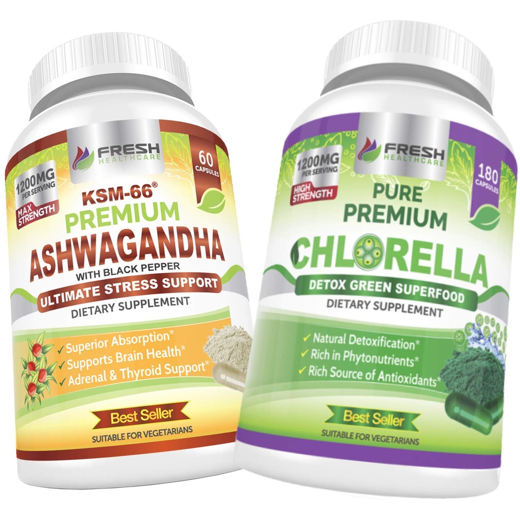 FRESH 건강 관리 Ashwagandha KSM 66 및 Chlorella Detox Superfood - 번들