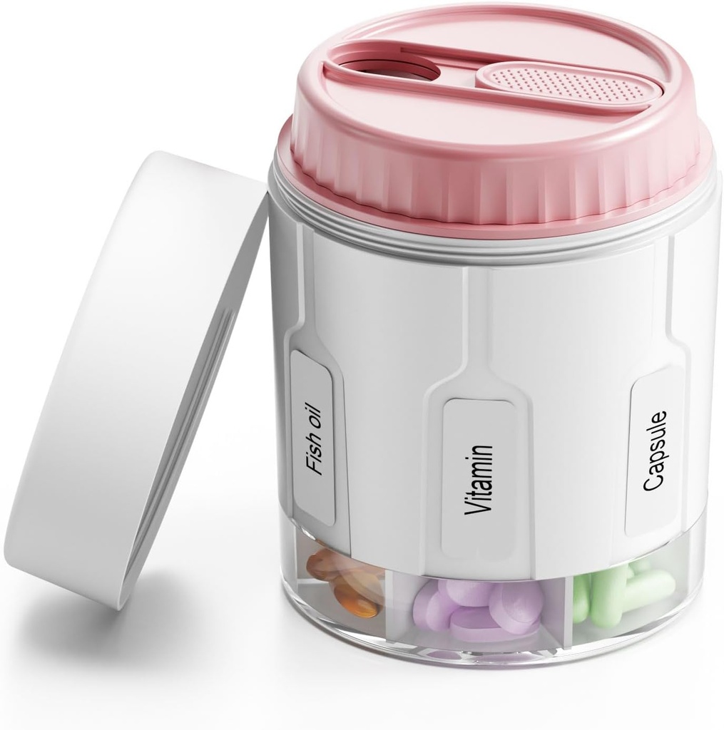 Daviky Pill 병 주최자, 7 대형 Compartments, 여행 Pill 분배기 2 개의 뚜껑이있는 둥근 Pill 상자 (핑크