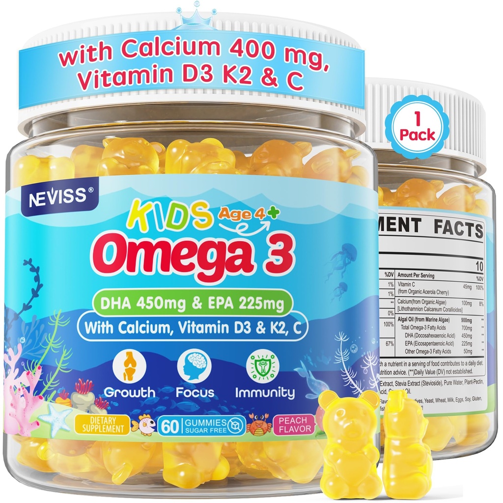 아이 오메가 3 Gummies + 칼슘 400mg + 비타민 D3 K2 + C, 오메가 3 DHA & EPA 보충교재 - 물고기 Burps 없음, 설탕 없음 - 아이 & 청소년 Omgaga 3 + 강한 뼈, 두뇌, 면역, 눈, 60Cts를 위한 Multivitamin 거미