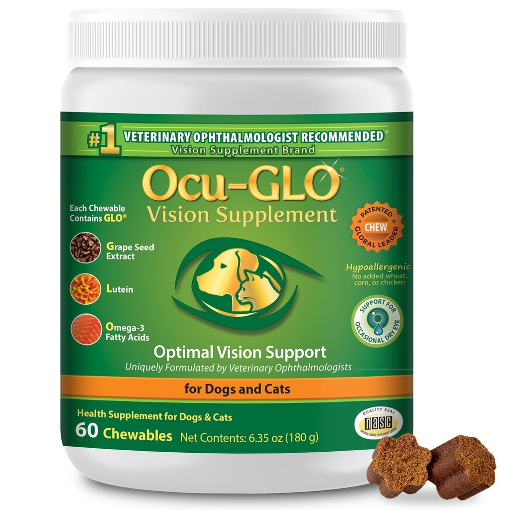 Ocu-GLO Cat & Dog Senior Supplement for Eye Support - Lutein, Omega-3 지방산, 포도씨 추출물 및 산화 방지제와 함께 크고 작은 애완 동물 관리를위한 Chewable Vision Vitamins 보충제