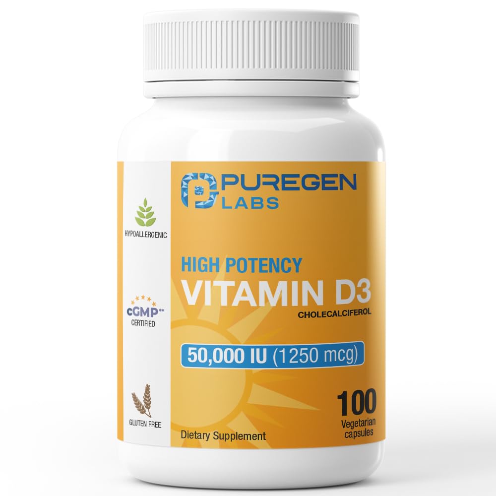 Puregen Labs 비타민 D3 50,000 IU (1250 mcg) 건강한 근육 기능을 위한 100 주 공급, 그리고 면역 지원, 비 GMO, 글루텐 자유로운 100 식물성 캡슐