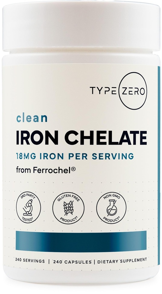 Ferrochel Ferrous Bisglycinate Chelate에서 Zero Iron Chelate 캡슐 (18 MG, 240 CAPS)를 타자를 치십시오 - 비 GMO 및 글루텐 자유로운