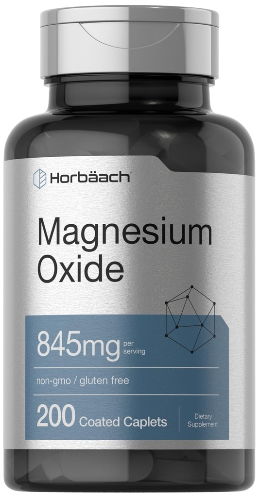 Horbäach 마그네슘 산화물 | 845 mg | 200 코팅 캡렛 | 채식주의자, 비 GMO 및 글루텐 무료 보충