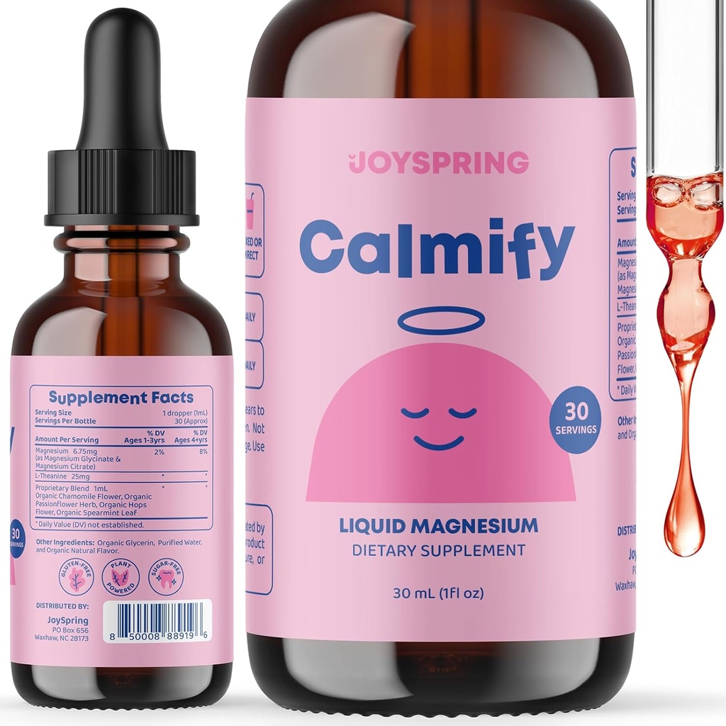 JoySpring Calmify Magnesium Citrate Liquid for Kids - Sugar-Free, Chamomile과 Gluten-Free Calming 보충 - 어린이 및 청소년을위한 자연 지원 (1 fl oz) 30 서빙