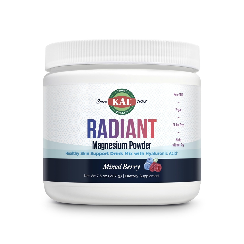 KAL Radiant 마그네슘 분말, 혼합 베리 맛, Hyaluronic 산 및 마그네슘 보충, 피부 & 산화 방지제 지원, 설탕 무료, 60의 서빙, 7.3 OZ