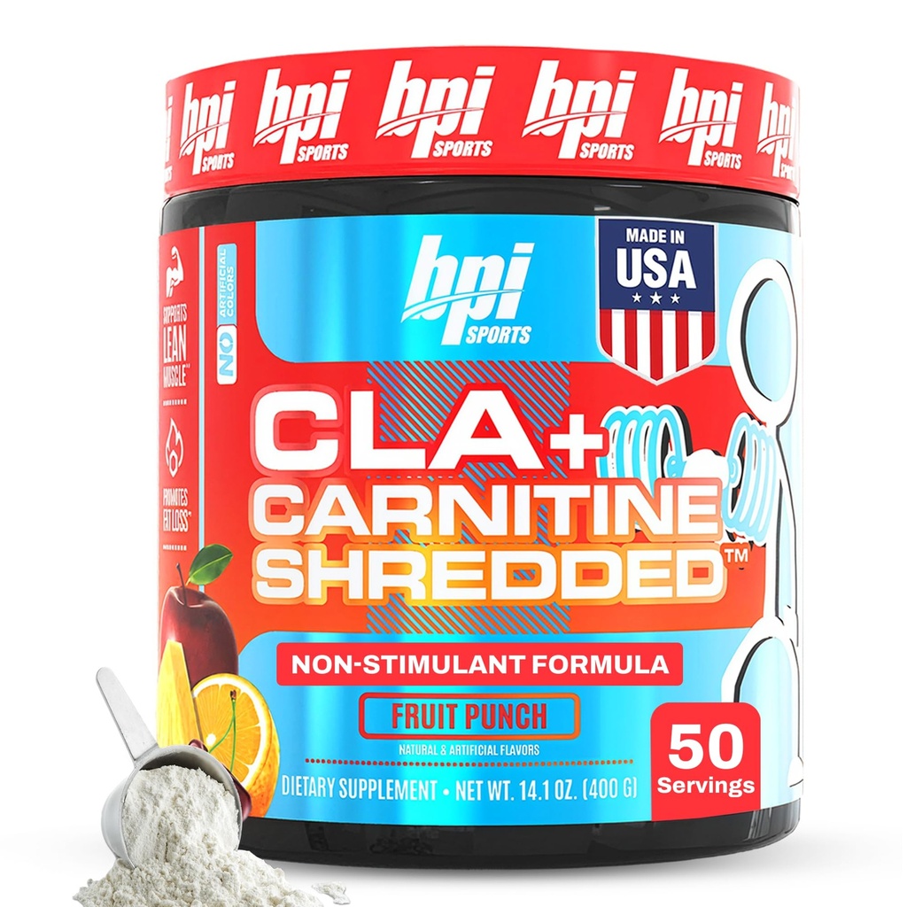 BPI Sports CLA + Carnitine Shredded - 지방 세포를 에너지로 변환하고 Lean 근육, Boost Metabolism - Non-Stimulant L-Carnitine 보충 - 과일 펀치 (14.1 oz. / 50 서빙)