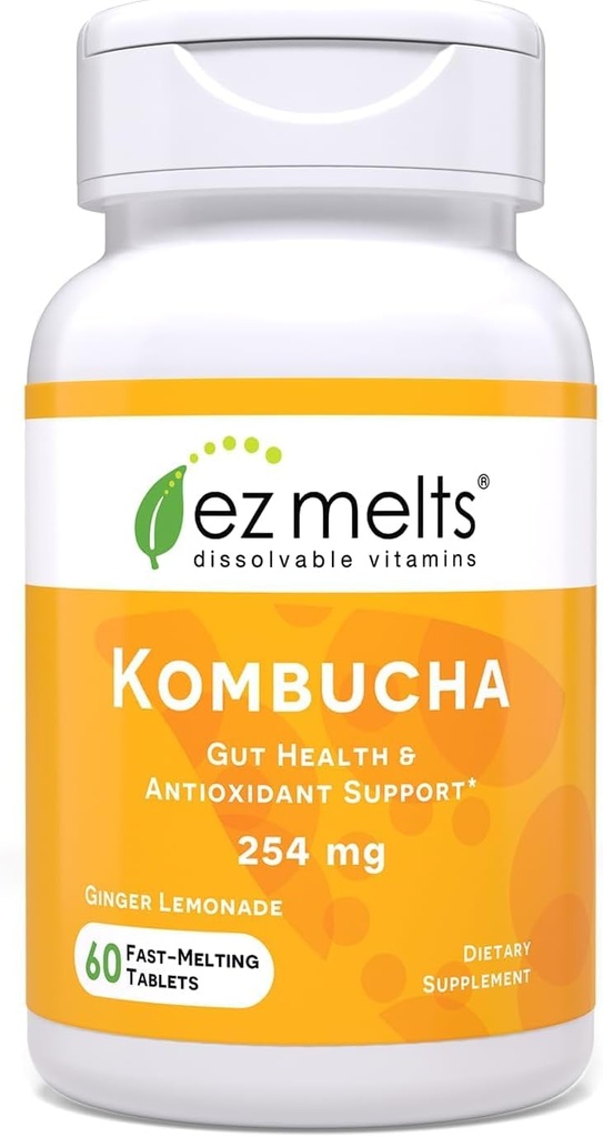 EZ Melts 분해성 설탕 자유로운 Kombucha는 SCOBY & Apple Cider Vinegar를 가진 정제, 남자 & 여자를 위한 Gut 건강 보충교재, 생강 레몬 맛, 2 달 공급 - 1 팩을 공급합니다