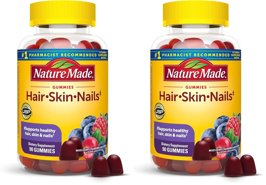 Nature Made Hair Skin and Nails with Biotin 2500 mcg, 건강한 머리, 피부 & 못 지원, 90 Gummies, 45 일 공급 (패키지 2)를 위한 규정식 보충교재