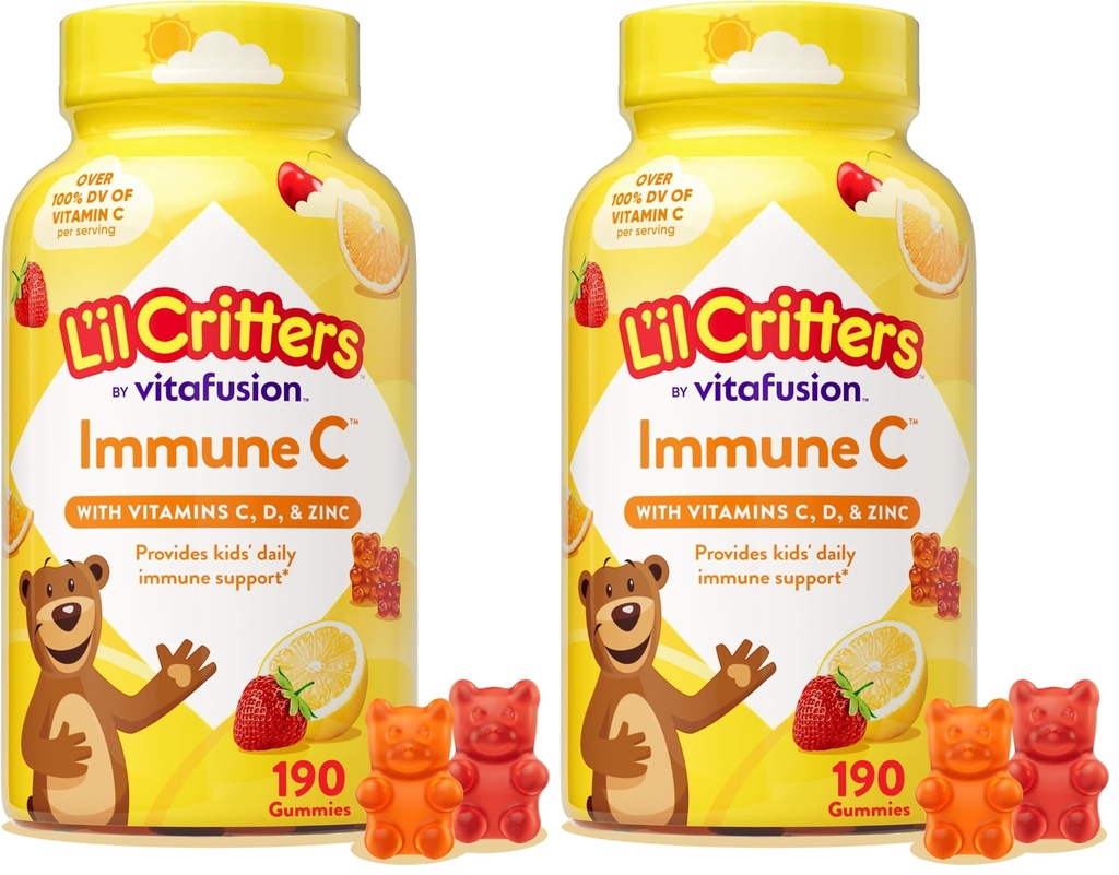 L'il Critters Immune C Daily Gummy Supplement Vitamin for Kids, 비타민 C, D 및 아연 Immune 지원, 오렌지, 레몬 및 체리 맛, 190 Gummies (패치 2)