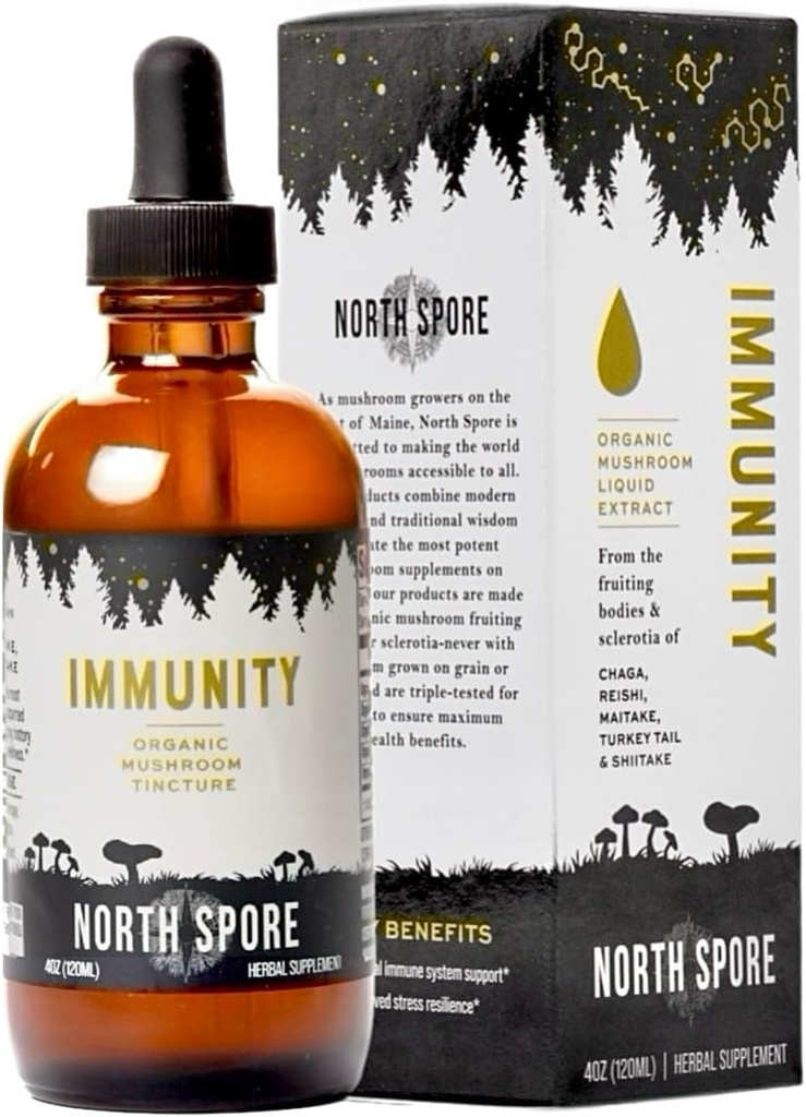 노스 스포어 유기 이문 Mushroom Tincture (4 oz) | 100 % 과일 바디 추출물 | Chaga, Turkey Tail, Reishi, Maitake, Shiitake | 인증 유기농, 비 GMO | Adaptogenic, 미국